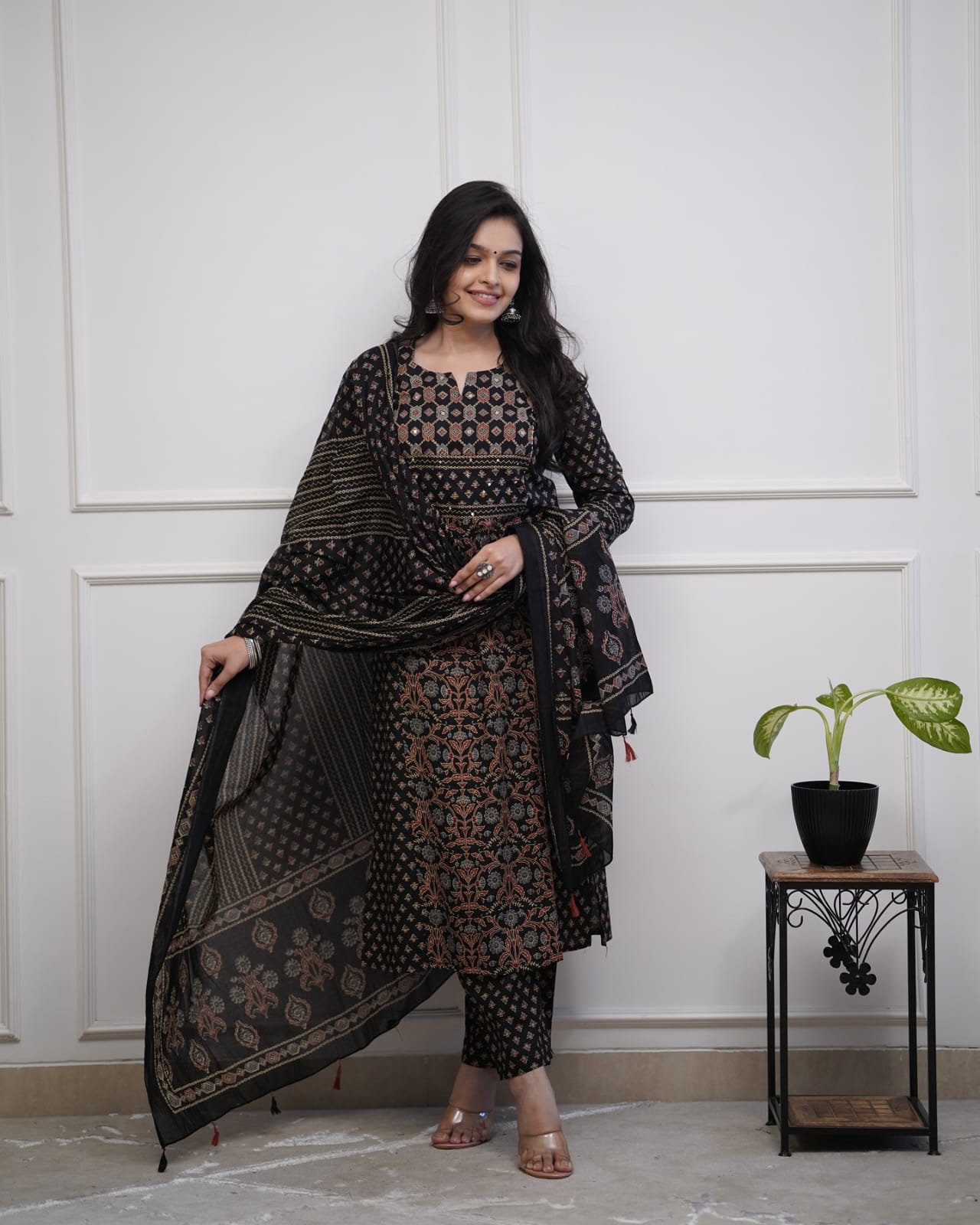 Elegant Black Printed Cotton Salwar Suit Set With Dupatta