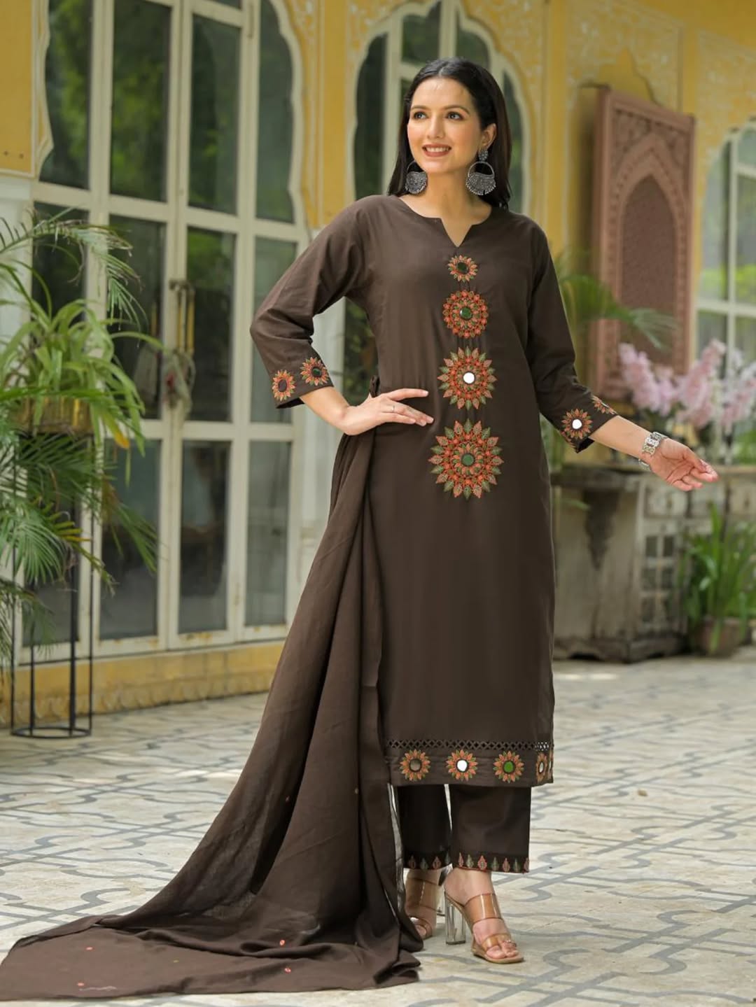 Jaipur Bandhej Elegant Brown Embroidered Kurta Set With Dupatta