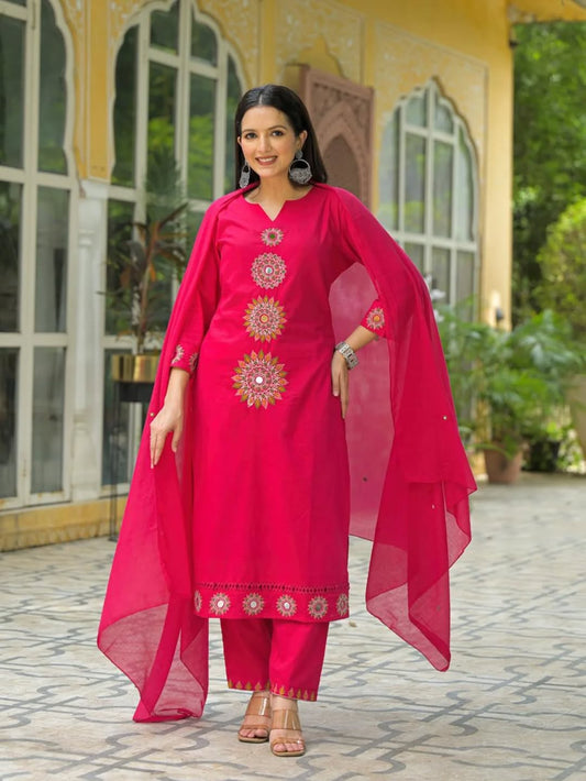 Jaipur Bandhej Elegant Pink Embroidered Kurta Set With Dupatta
