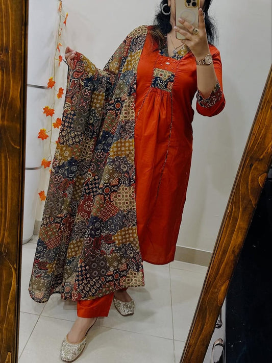 Jaipur Bandhej Orange Kurta Set With Printed Dupatta – Elegant Ethnic Wear