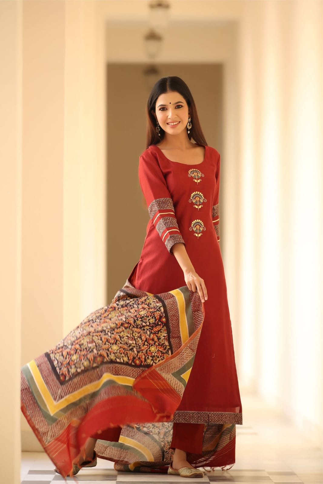 Jaipur Bandhej Maroon Embroidered Kurta Set With Printed Dupatta