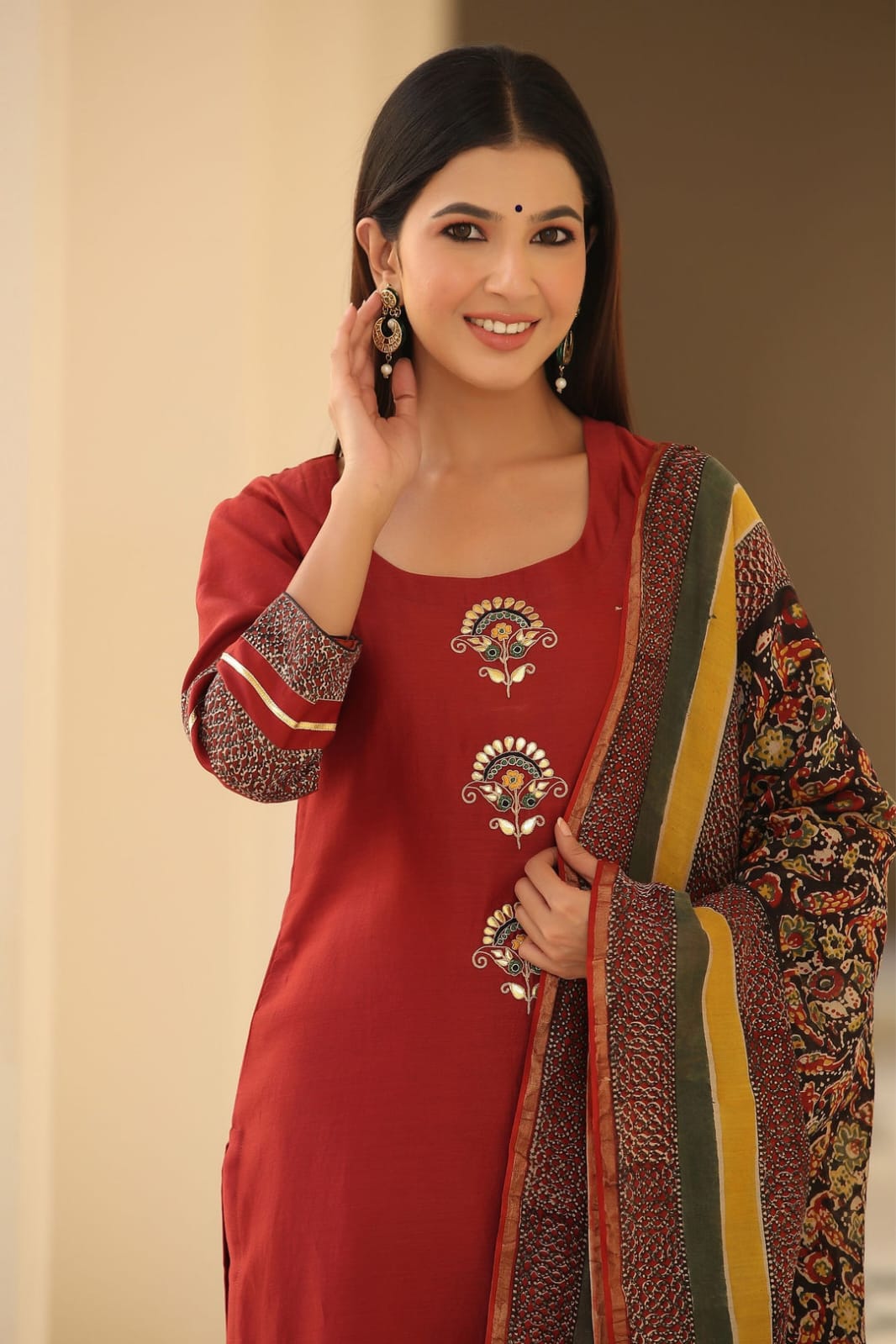 Jaipur Bandhej Maroon Embroidered Kurta Set With Printed Dupatta