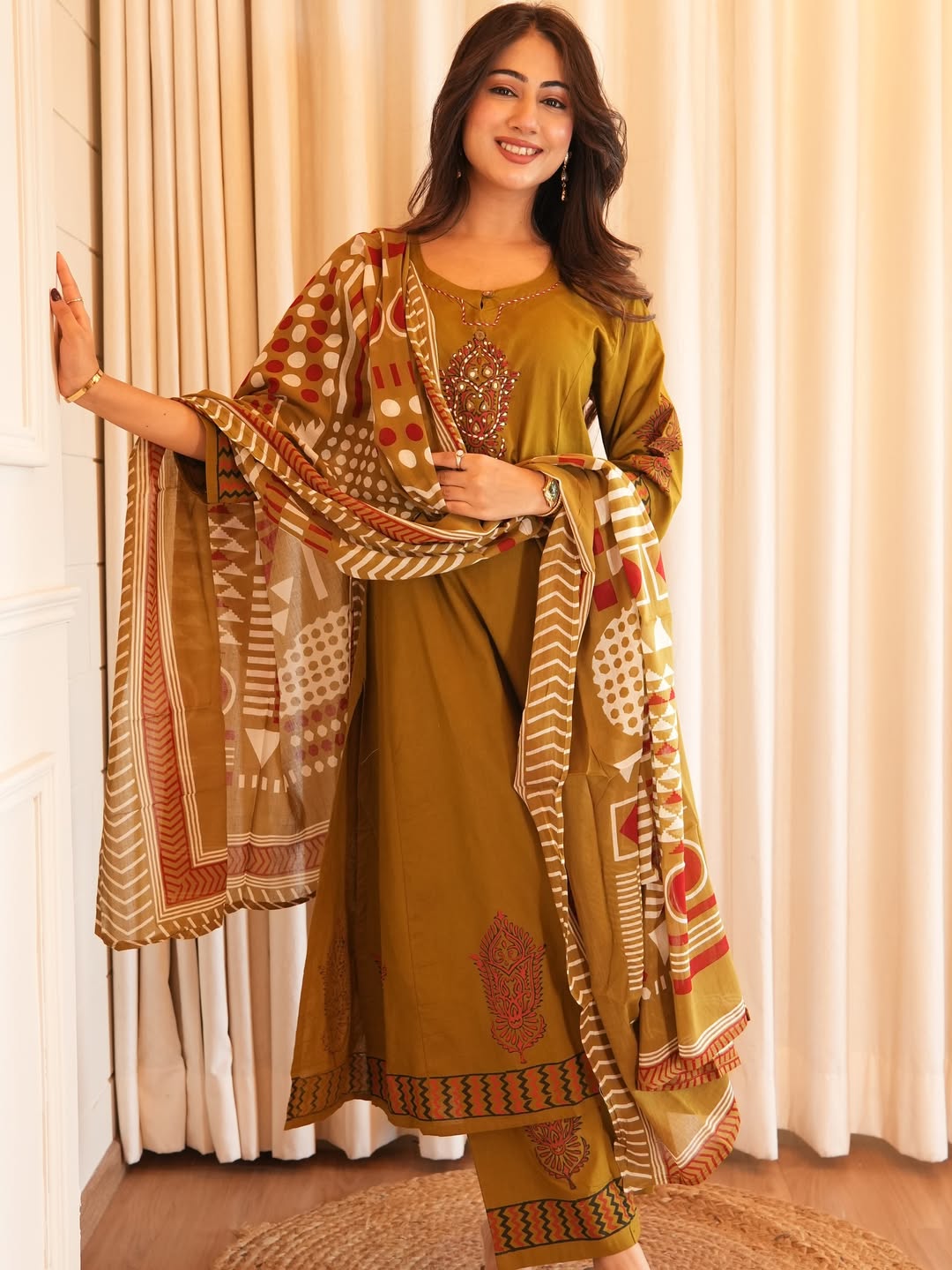 Olive Green Printed Kurta Set With Designer Dupatta
