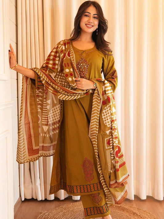 Olive Green Printed Kurta Set With Designer Dupatta