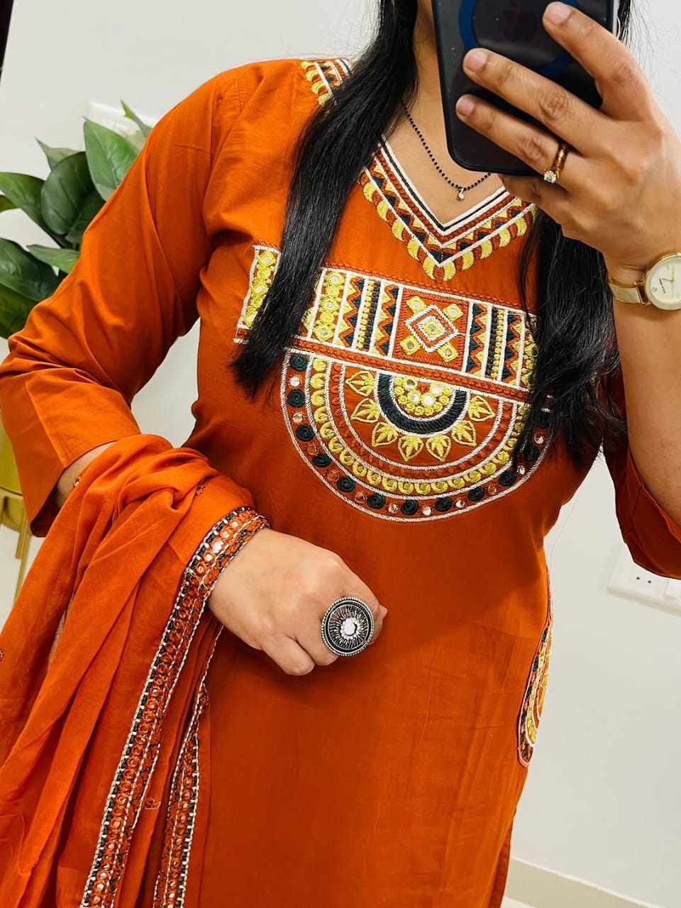 Orange Embroidered Kurta Set With Matching Dupatta