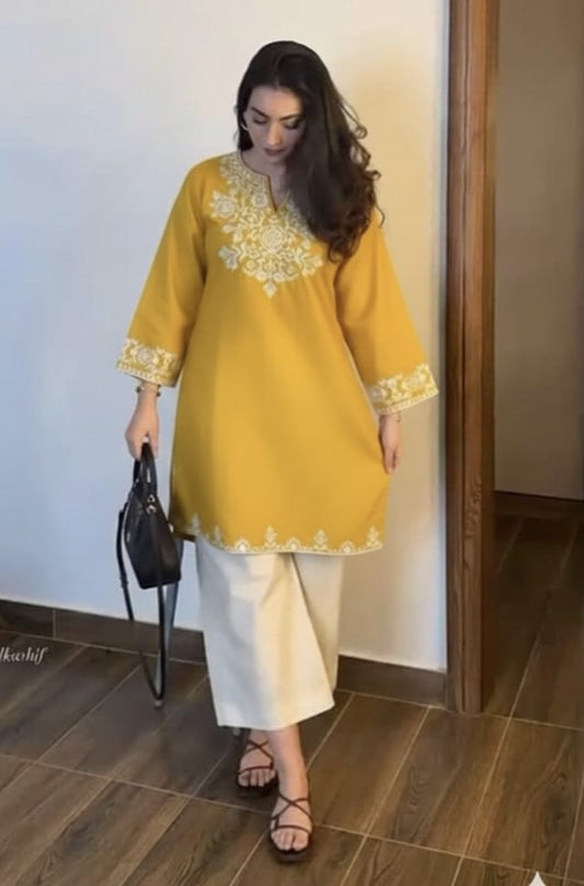 Jaipur Bandhej Yellow Embroidered Kurta With Ivory Straight Pants