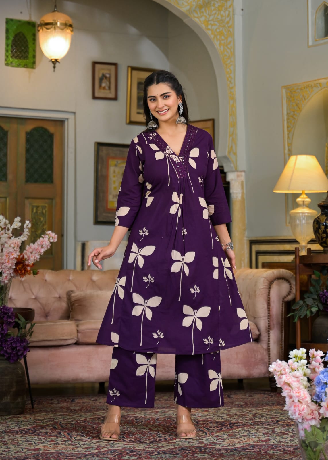 Jaipur Bandhej Purple Floral Printed Kurta Set With Straight Pants