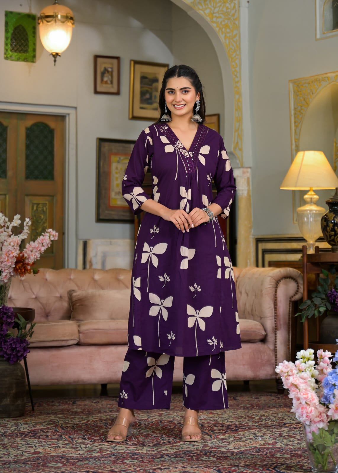 Jaipur Bandhej Purple Floral Printed Kurta Set With Straight Pants