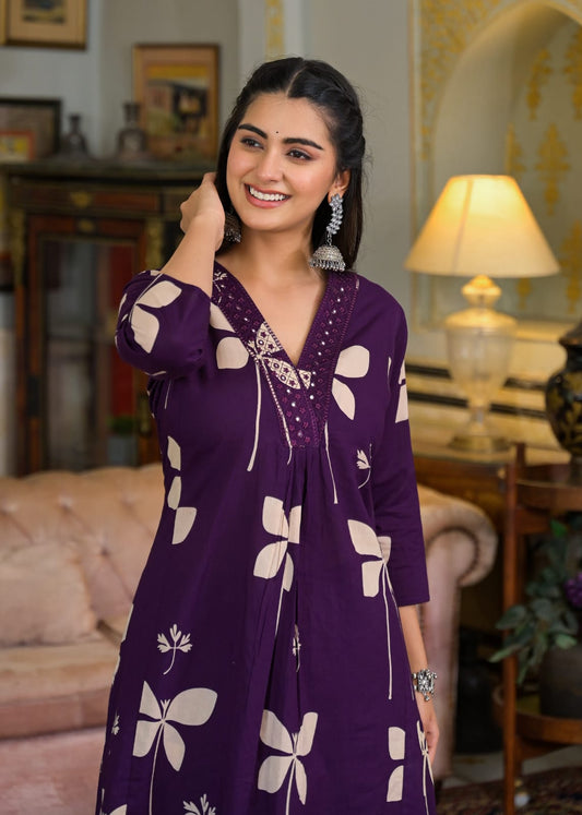 Jaipur Bandhej Purple Floral Printed Kurta Set With Straight Pants