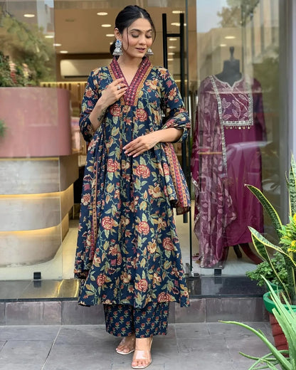 Jaipur Kurta Blue Cotton Floral Printed Kurta And Pant With Mulmul Dupatta | For Women