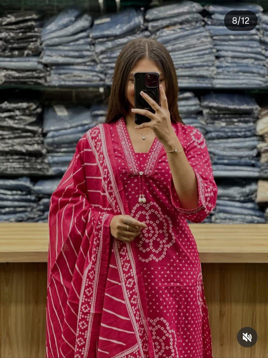 Jaipur Bandhej Rani Pink Handblock Printed Kurta Set With Dupatta