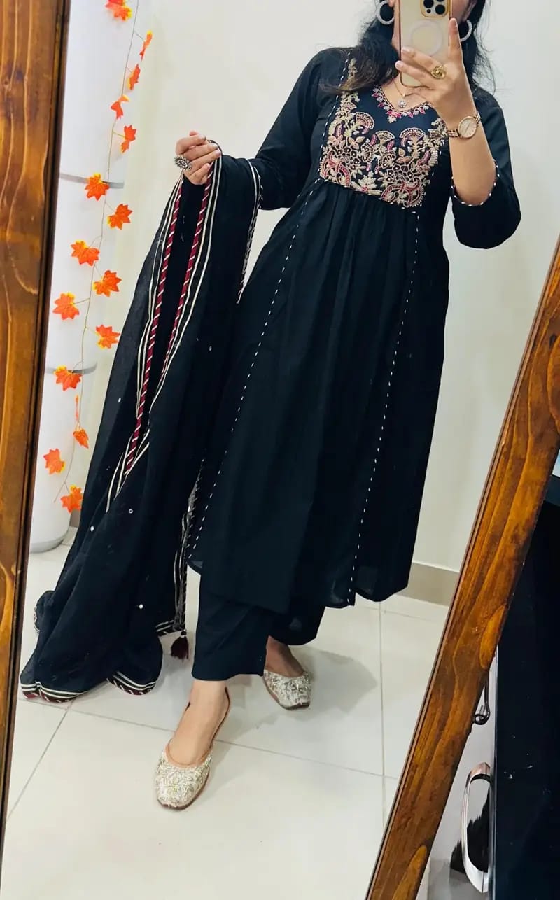 Jaipur Bandhej Black Embroidered Anarkali Suit With Dupatta